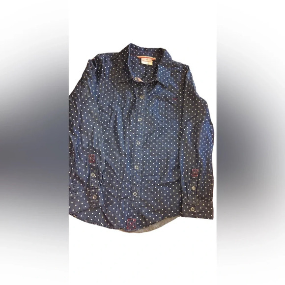 HANNA Andersson Snap Up Chambray Denim Polka Dot Shirt Blouse Sz 140 - Picture 1 of 2
